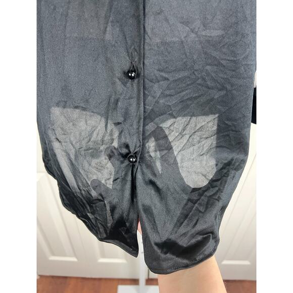 Vintage Black Nylon Button Front Collared Sheer Sleeve Blouse XL Goth Career - Picture 3 of 8